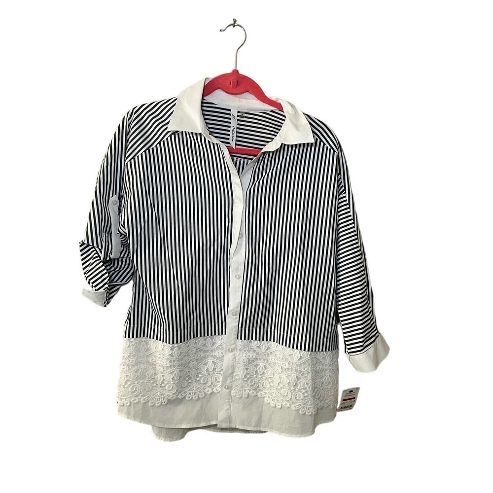 NY Collection‎ Shirt Women's Large White Striped Lace Cotton Stretch Button-Up